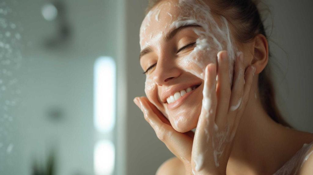 Woman smiling, washing her face.