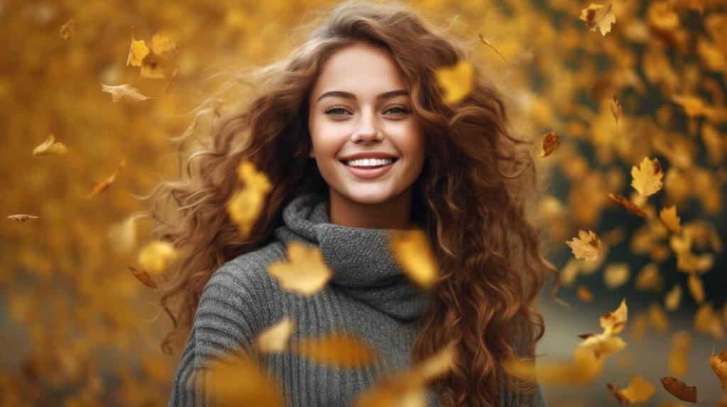 Woman with long wavy hair smiling in a winter jumper, surrounded by Autumn leaves