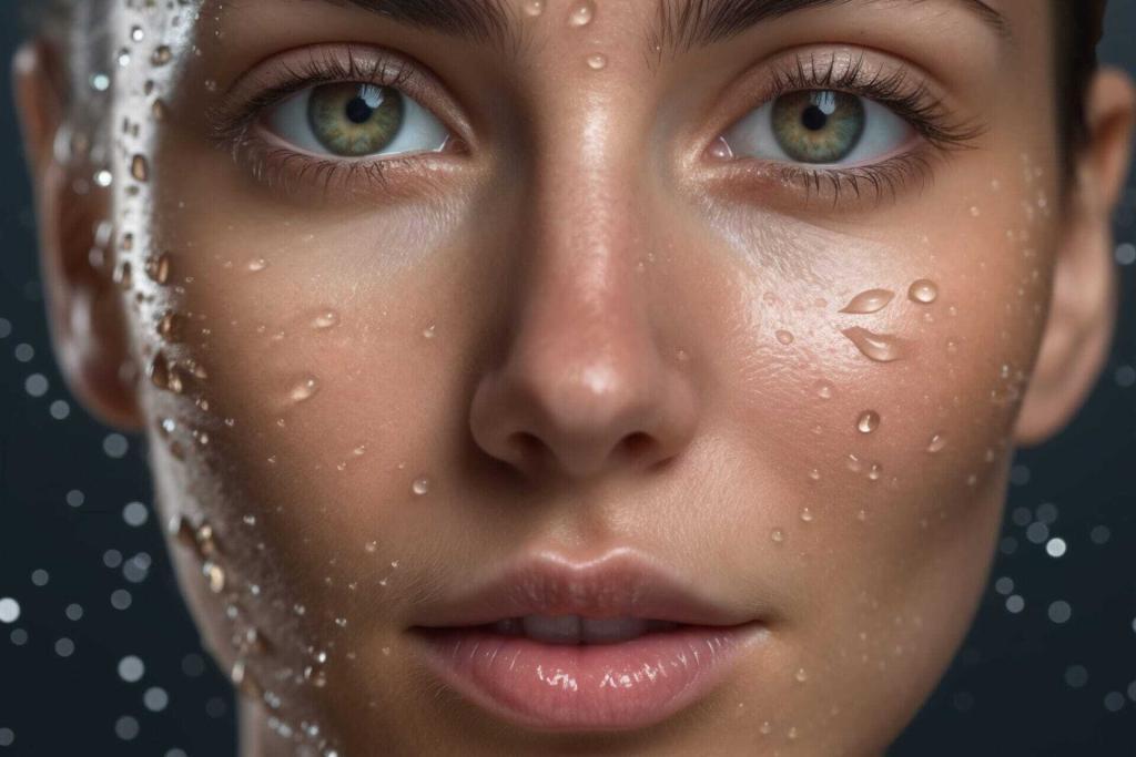 Close up of woman's face with glowing skin and water spashed over it.