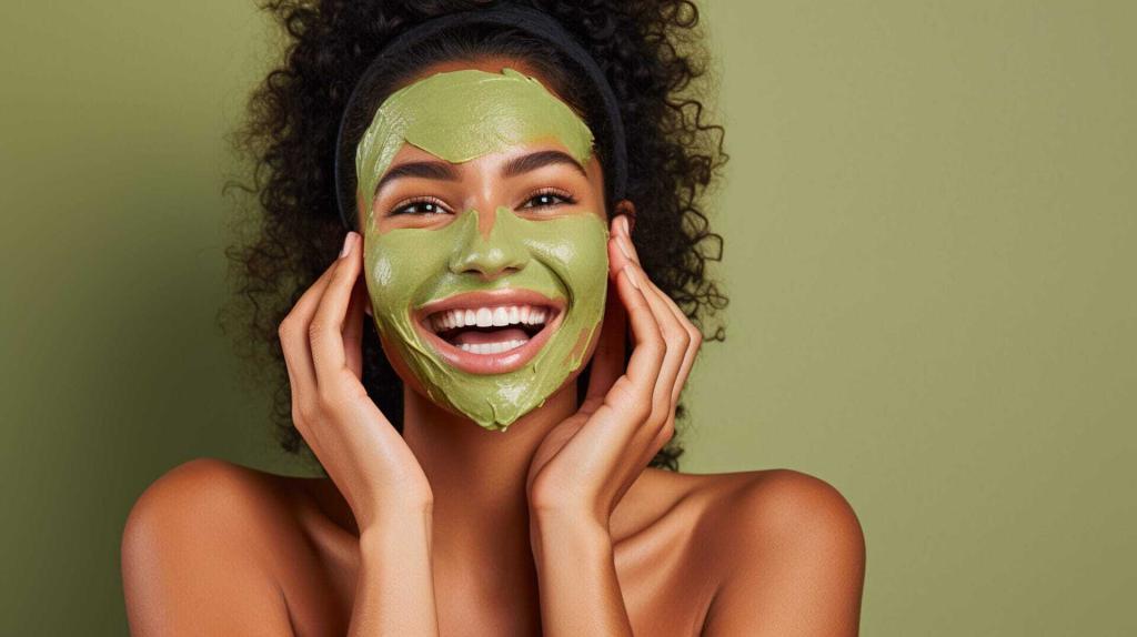 Woman smiling into the camera holder her face, which has a green face mask on.