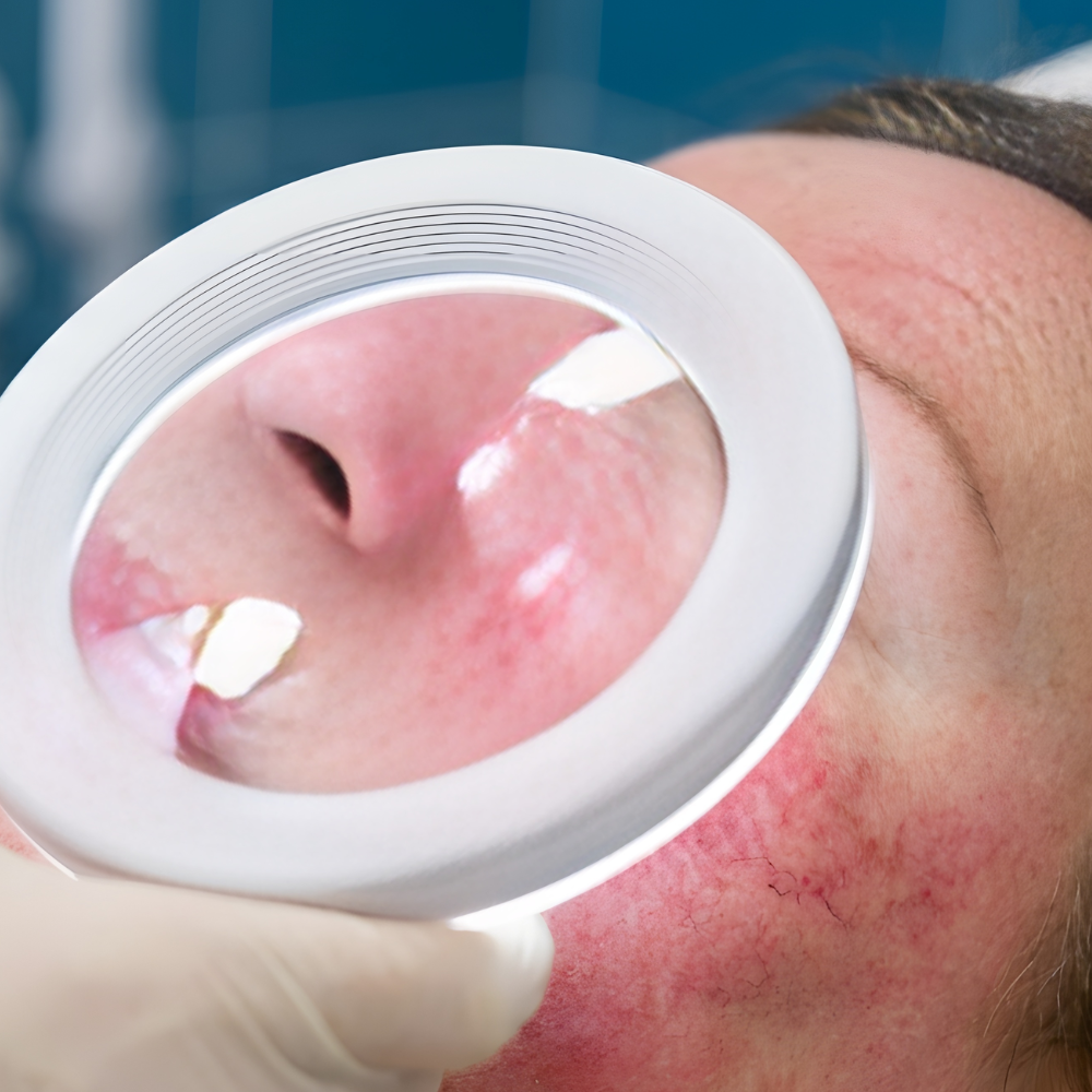 Professional analysing skin through a magnifying glass