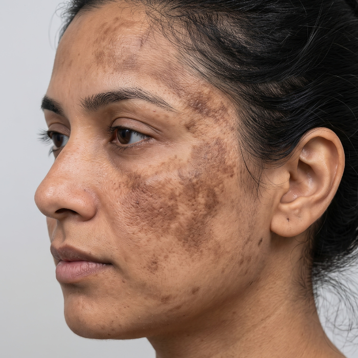 woman displaying signs of melasma and hyperpigmentation on her face